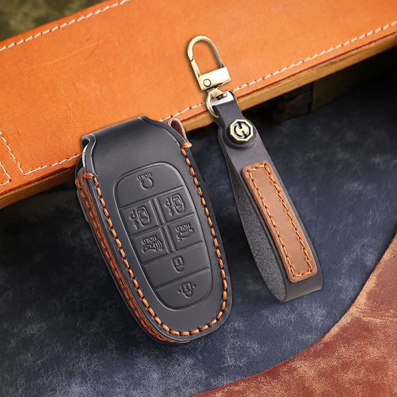 Genuine Leather Key Fob Cover for Hyundai (3-7 Buttons)