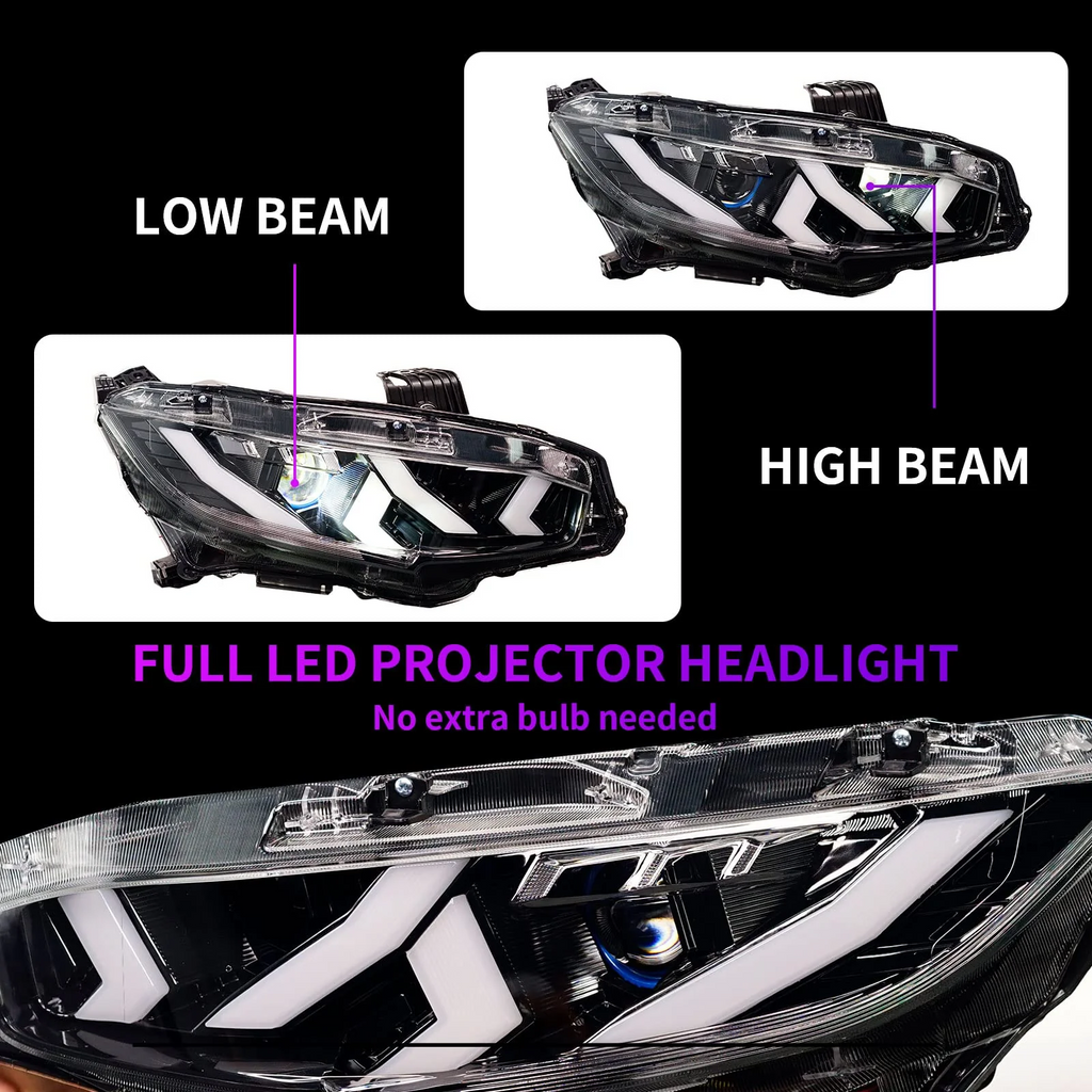 Demon Eye LED Headlights for 2016-2021 Honda Civic 10th Gen Projector Front Lamp Assembly (Pair)