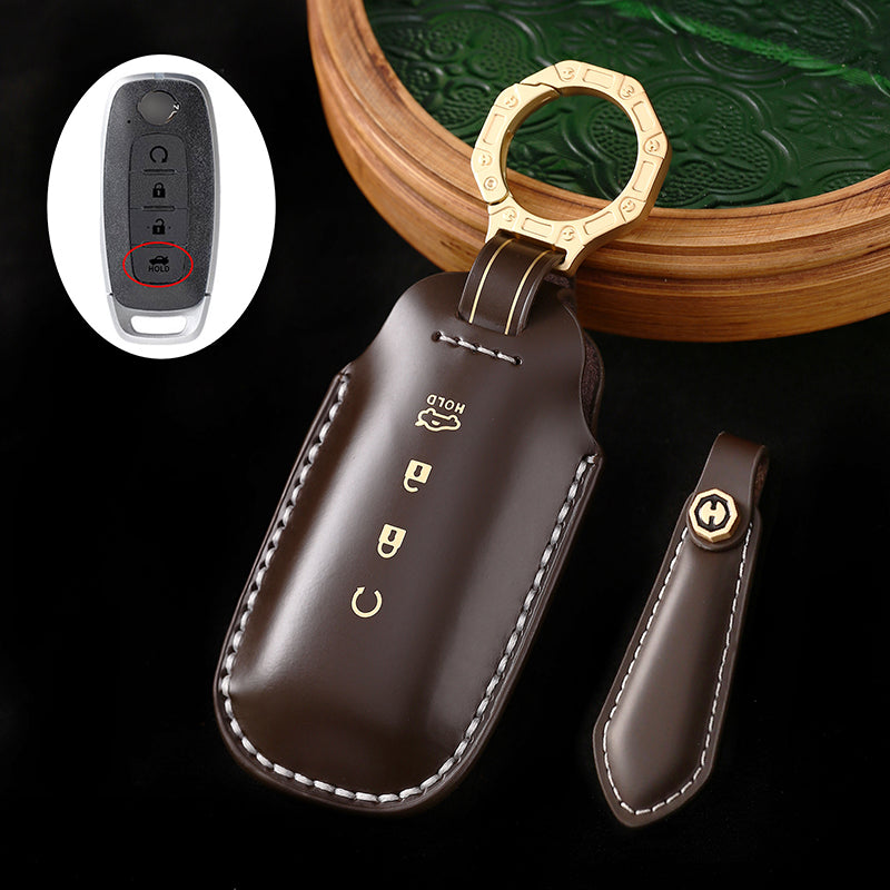 Genuine Cowhide Leather Key Fob Cover with Keychain, Compatible with Nissan Models: Sylphy, Rogue, Pathfinder, X-Trail, Versa, Kicks, Ariya, Qashqai, and Teana