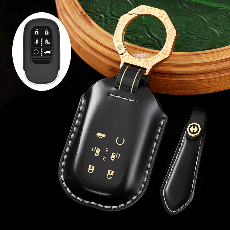 High-End Leather Car Key Cover Compatible with Honda Accord, Civic, CR-V, HR-V, Odyssey, etc. (2, 3, 4, 5, or 6-Button Smart Key Cover)