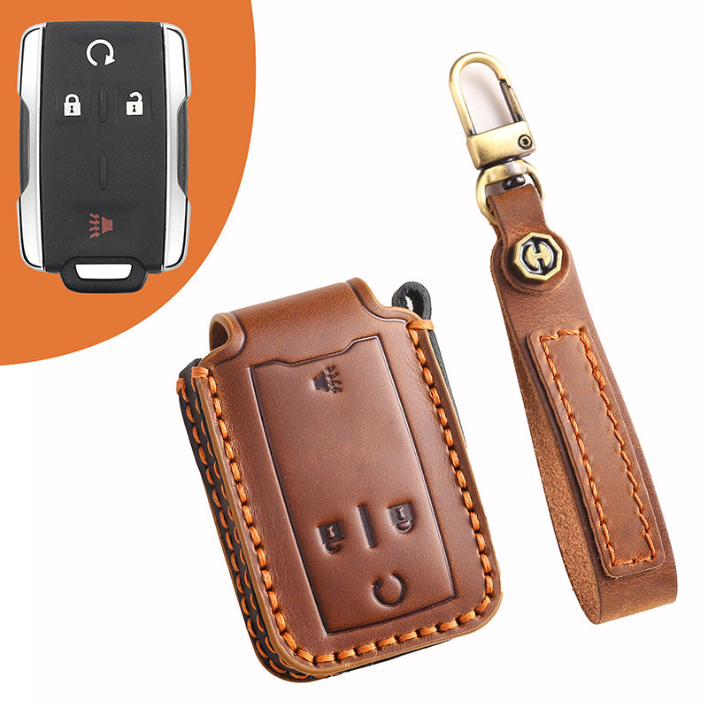 Genuine Leather Key Fob Cover for Chevrolet Colorado, Silverado & GMC Pickup (3-6 Buttons)