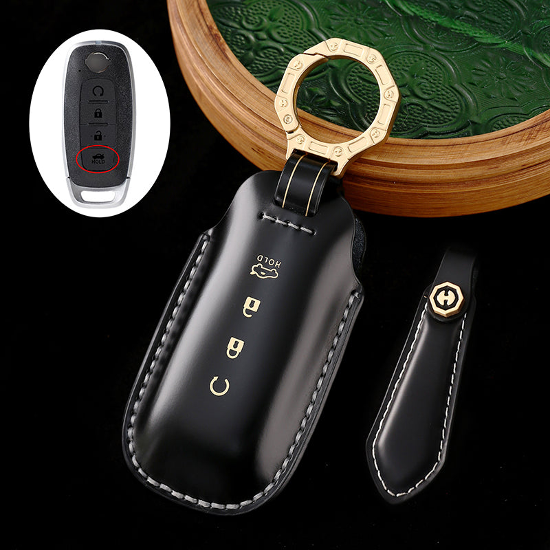 Genuine Cowhide Leather Key Fob Cover with Keychain, Compatible with Nissan Models: Sylphy, Rogue, Pathfinder, X-Trail, Versa, Kicks, Ariya, Qashqai, and Teana