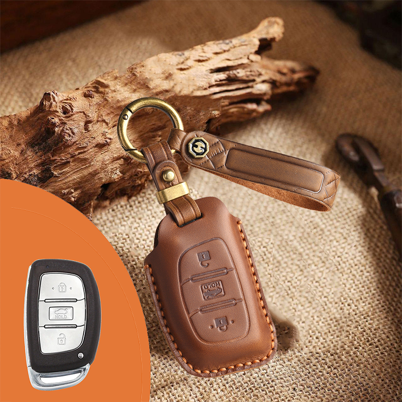 Genuine Leather Key Fob Cover for Hyundai 3-7 Button