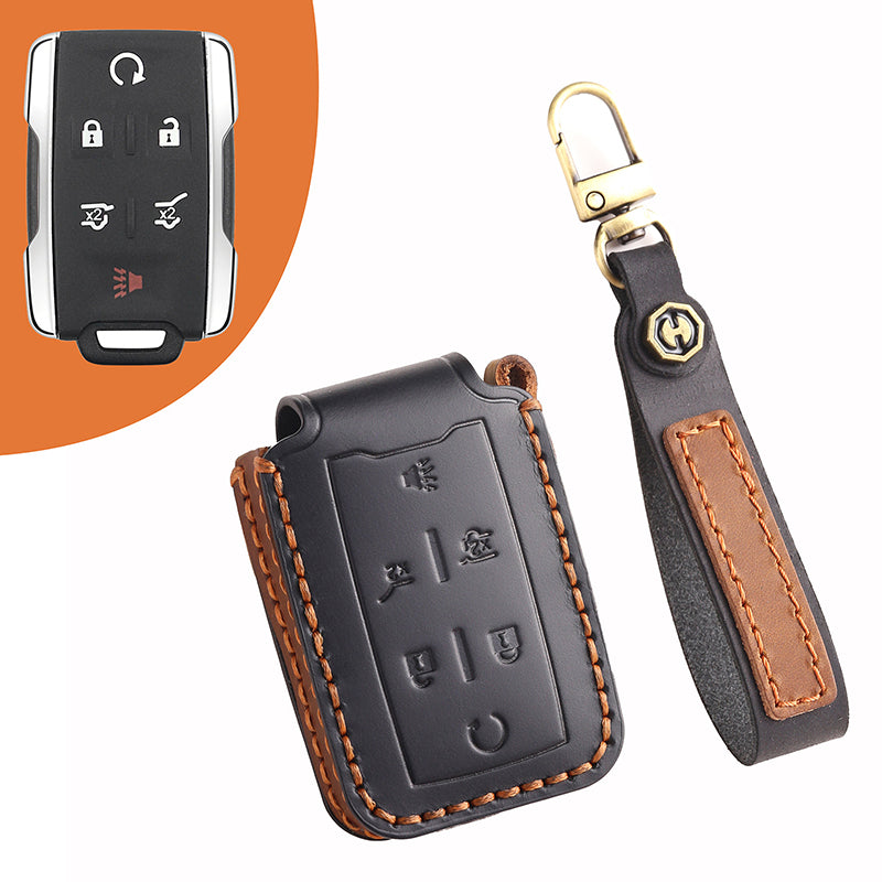 Genuine Leather Key Fob Cover for Chevrolet Colorado, Silverado & GMC Pickup (3-6 Buttons)