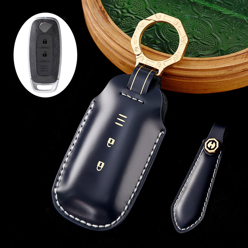 Genuine Cowhide Leather Key Fob Cover with Keychain, Compatible with Nissan Models: Sylphy, Rogue, Pathfinder, X-Trail, Versa, Kicks, Ariya, Qashqai, and Teana