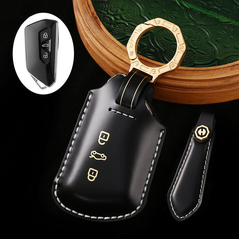 Amancarport Leather Car Key Case with Gift Box, Compatible with VW Tiguan, Touareg, Atlas, Jetta, Passat, Golf Alltrack, Arteon, and Routan