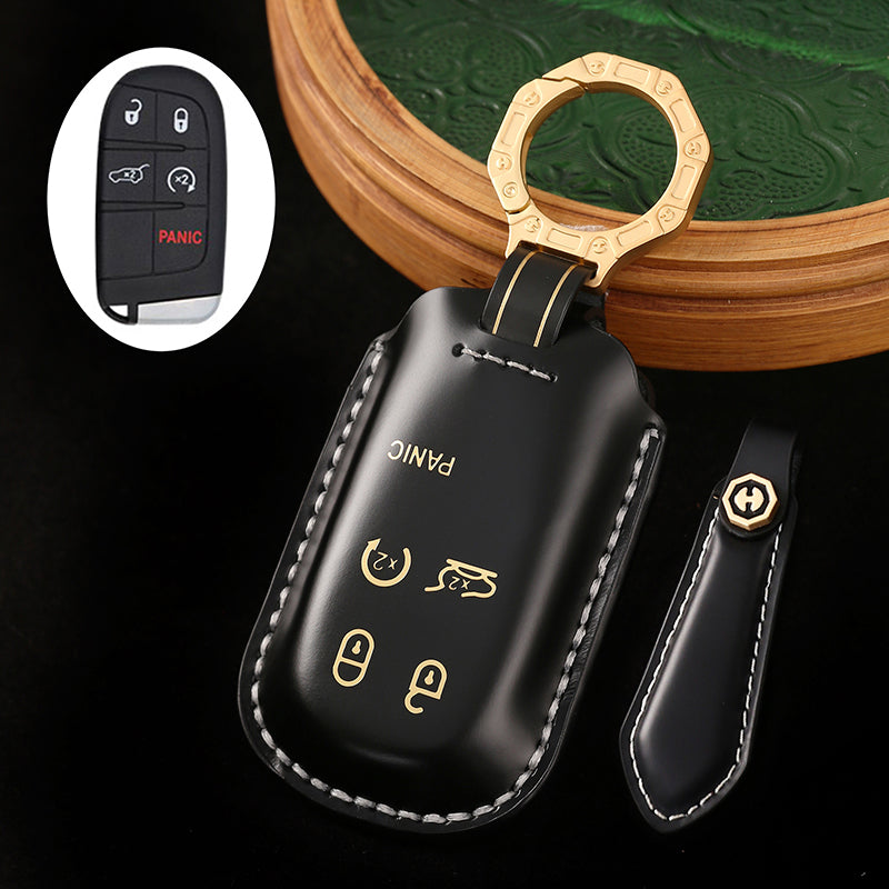 Leather Key Fob Cover, Compatible with Jeep Grand Cherokee, Renegade, Compass, and Chrysler