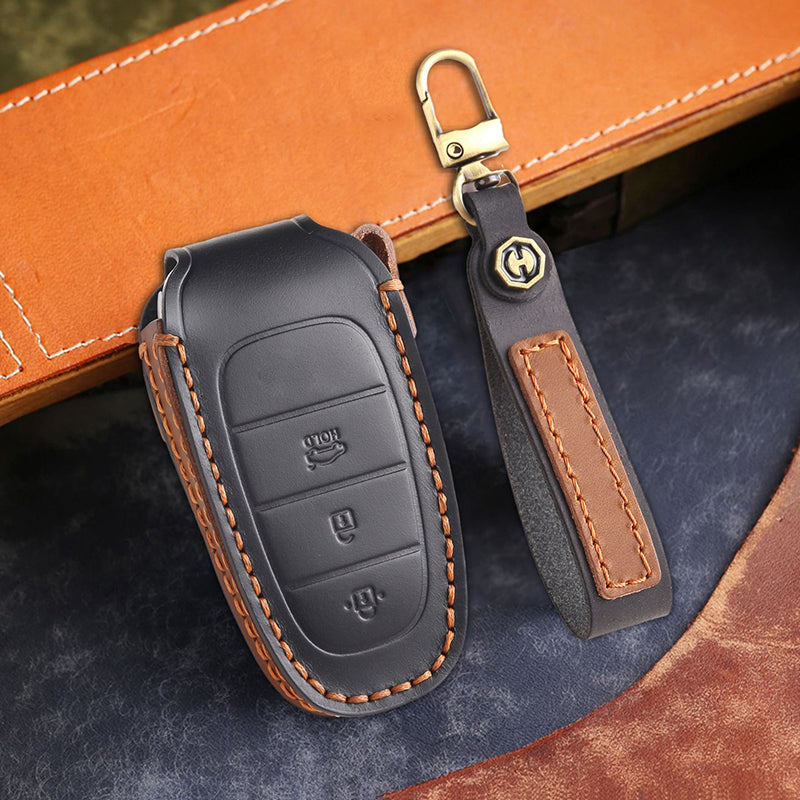 Genuine Leather Key Fob Cover for Hyundai (3-7 Buttons)