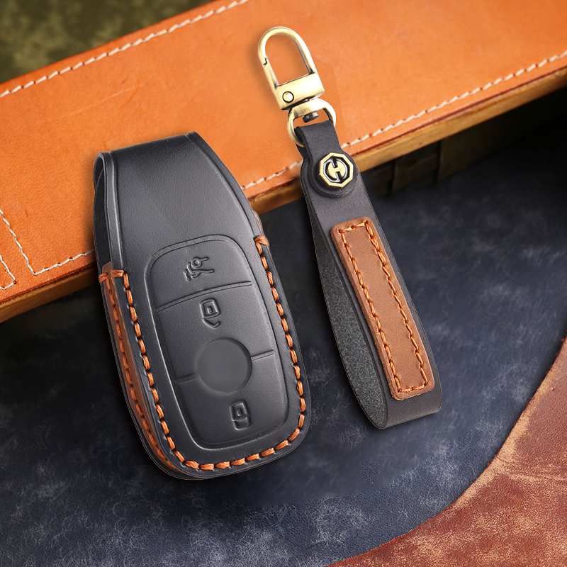 Genuine Leather Key Fob Cover for Mercedes-Benz C-Class, G-Class, E-Class, GLK, R350, GL, and GLC Models