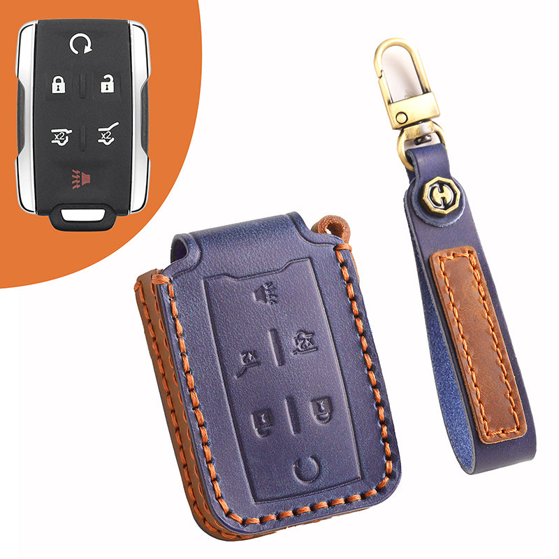 Genuine Leather Key Fob Cover for Chevrolet Colorado, Silverado & GMC Pickup (3-6 Buttons)