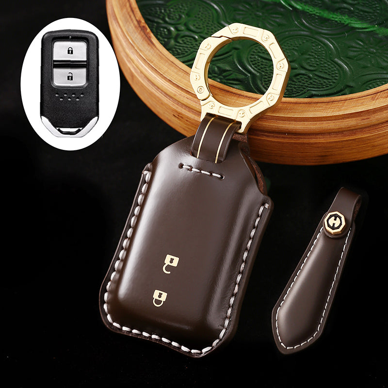 High-End Leather Car Key Cover Compatible with Honda Accord, Civic, CR-V, HR-V, Odyssey, etc. (2, 3, 4, 5, or 6-Button Smart Key Cover)