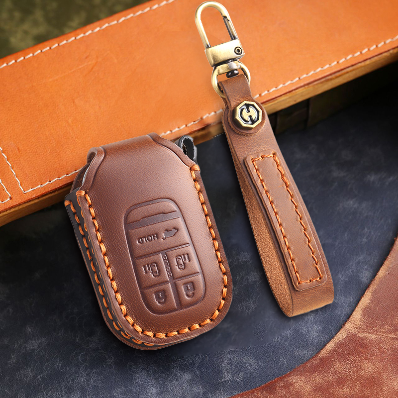 Genuine Leather Key Fob Cover for Honda Accord, Civic, CR-V, HR-V, and Pilot Models