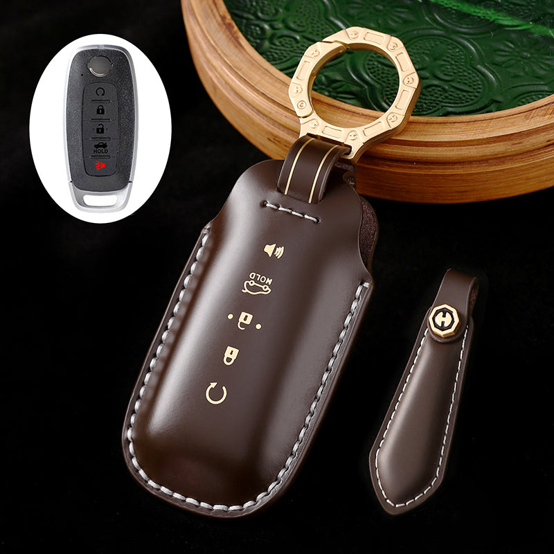 Genuine Cowhide Leather Key Fob Cover with Keychain, Compatible with Nissan Models: Sylphy, Rogue, Pathfinder, X-Trail, Versa, Kicks, Ariya, Qashqai, and Teana