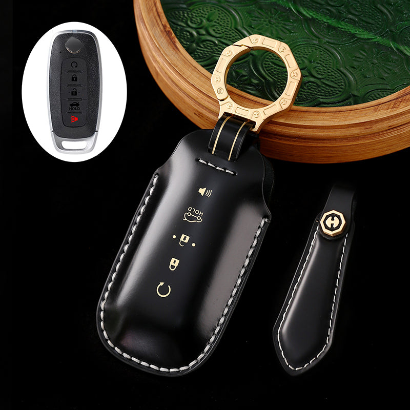 Genuine Cowhide Leather Key Fob Cover with Keychain, Compatible with Nissan Models: Sylphy, Rogue, Pathfinder, X-Trail, Versa, Kicks, Ariya, Qashqai, and Teana