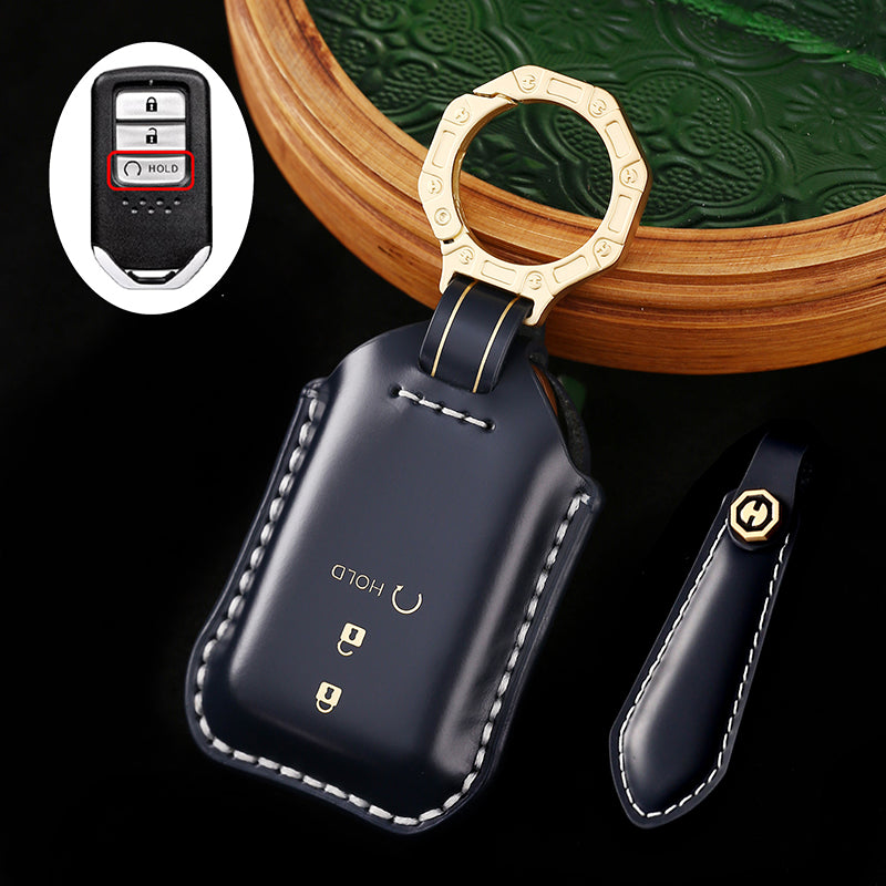 High-End Leather Car Key Cover Compatible with Honda Accord, Civic, CR-V, HR-V, Odyssey, etc. (2, 3, 4, 5, or 6-Button Smart Key Cover)