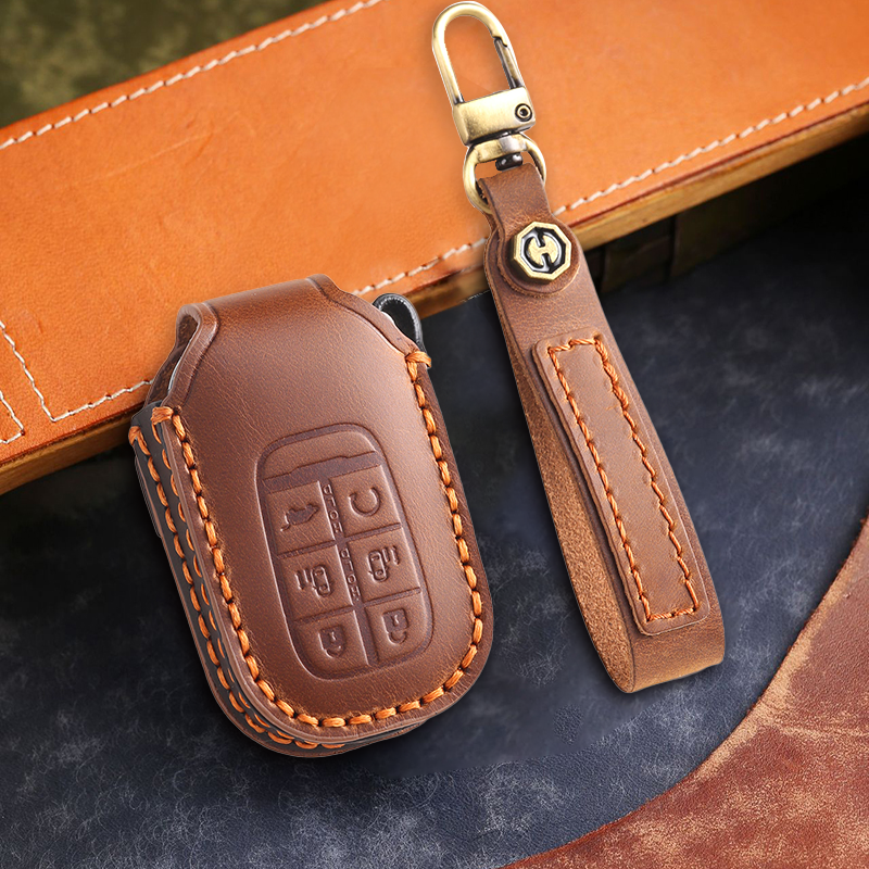 Genuine Leather Key Fob Cover for Honda Accord, Civic, CR-V, HR-V, and Pilot Models