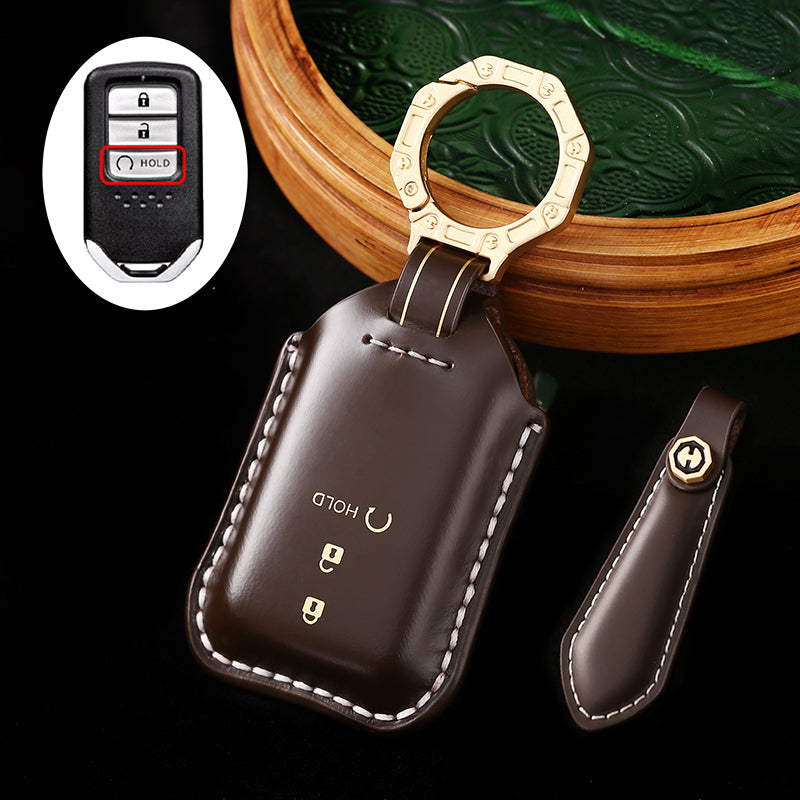 High-End Leather Car Key Cover Compatible with Honda Accord, Civic, CR-V, HR-V, Odyssey, etc. (2, 3, 4, 5, or 6-Button Smart Key Cover)