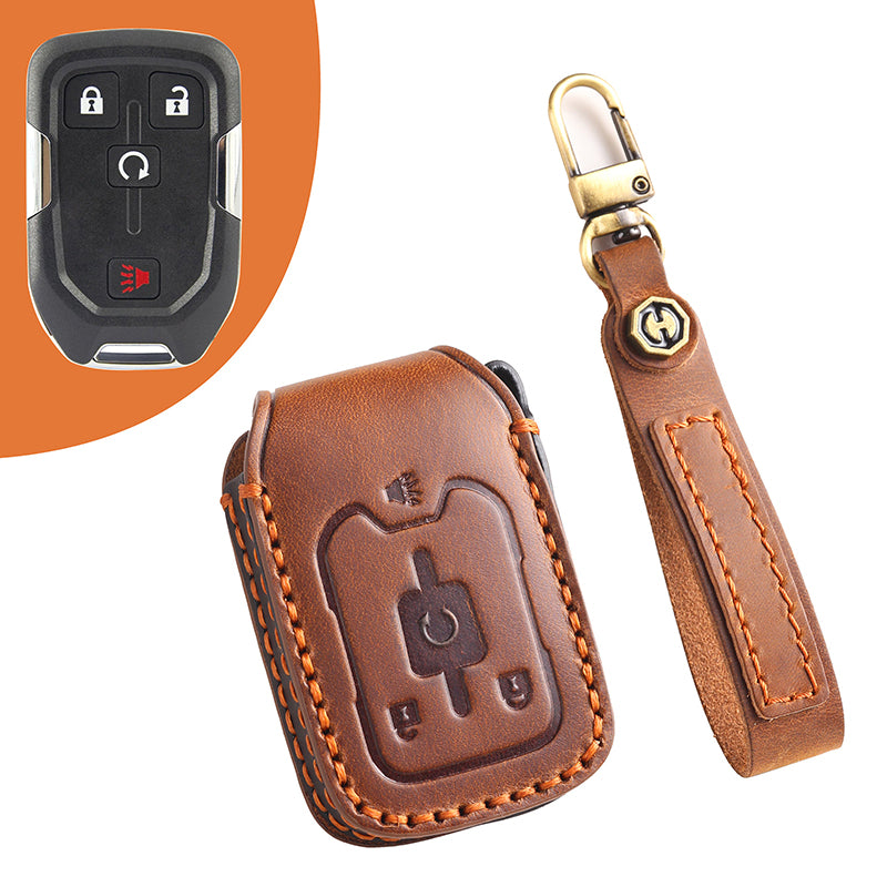 Genuine Leather Key Fob Cover for Chevrolet Colorado, Silverado & GMC Pickup (3-6 Buttons)