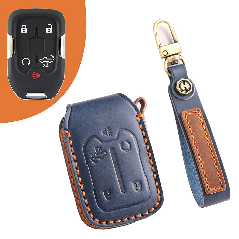 Genuine Leather Key Fob Cover for Chevrolet Colorado, Silverado & GMC Pickup (3-6 Buttons)