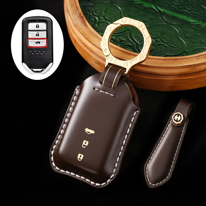 High-End Leather Car Key Cover Compatible with Honda Accord, Civic, CR-V, HR-V, Odyssey, etc. (2, 3, 4, 5, or 6-Button Smart Key Cover)