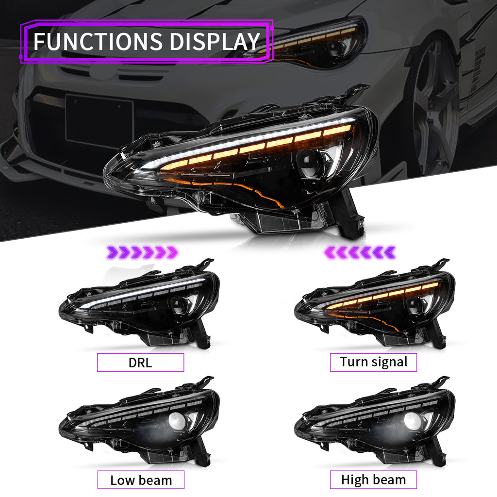 LED Headlights for 2012–2021 Toyota 86, Subaru BRZ, Scion FR-S – RGB DRL, Sequential Turn Signals, Plug & Play Pair