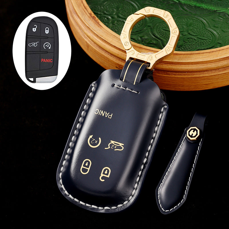 Leather Key Fob Cover, Compatible with Jeep Grand Cherokee, Renegade, Compass, and Chrysler