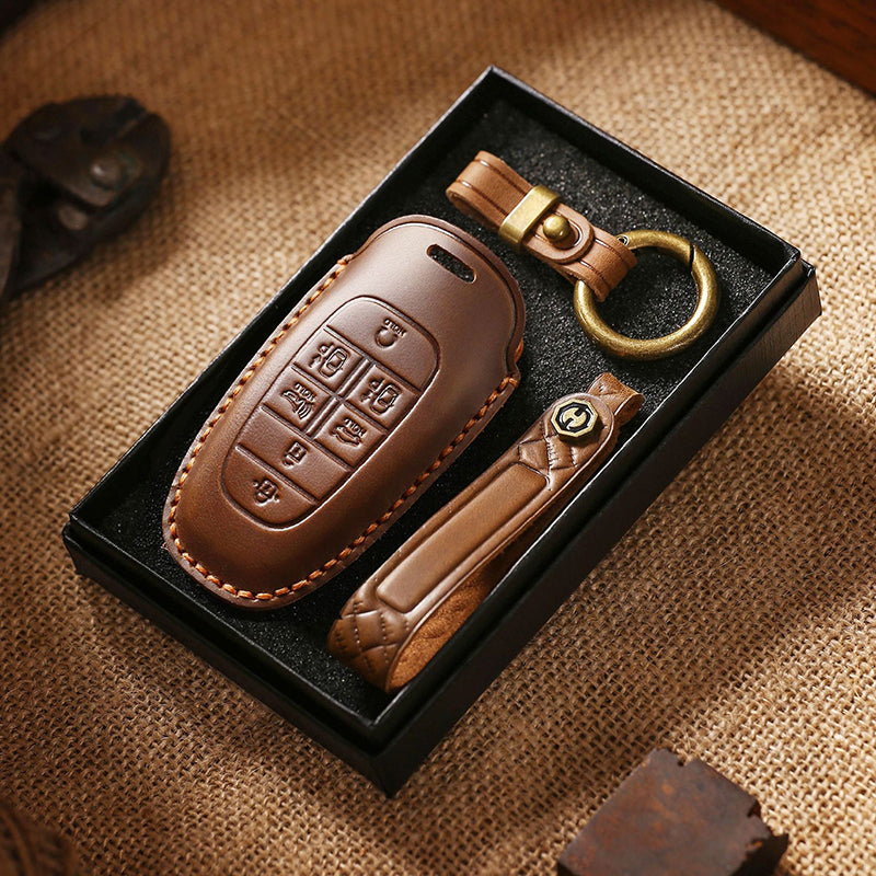 Genuine Leather Key Fob Cover for Hyundai 3-7 Button