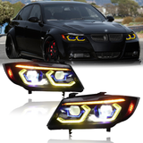 LED Headlights For 2005-2012 BMW E90 E91 3-Series Amber/White DRL HeadLamp