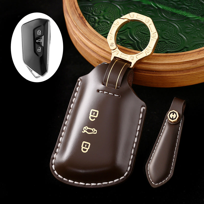 Amancarport Leather Car Key Case with Gift Box, Compatible with VW Tiguan, Touareg, Atlas, Jetta, Passat, Golf Alltrack, Arteon, and Routan