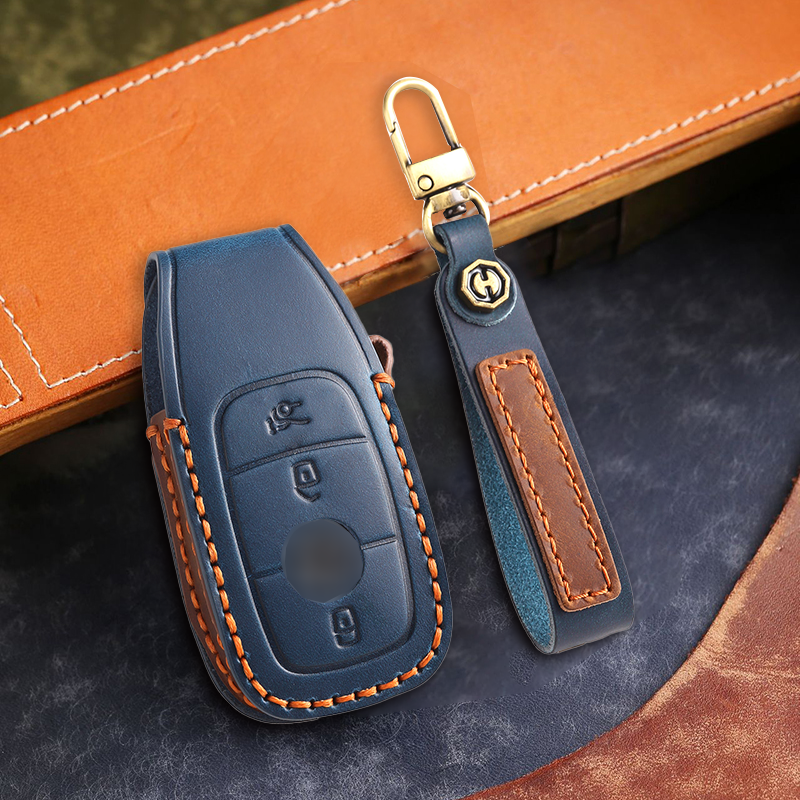 Genuine Leather Key Fob Cover for Mercedes-Benz C-Class, G-Class, E-Class, GLK, R350, GL, and GLC Models