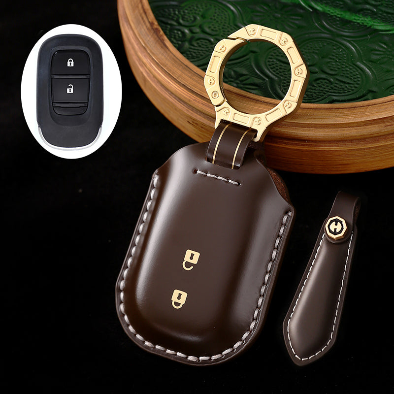 High-End Leather Car Key Cover Compatible with Honda Accord, Civic, CR-V, HR-V, Odyssey, etc. (2, 3, 4, 5, or 6-Button Smart Key Cover)