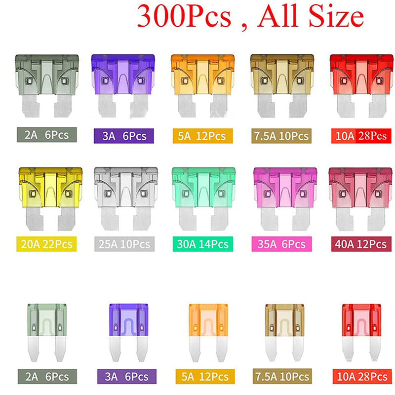 300Pcs Car Fuse Assortment Kit, 160 Mini Blade Fuses Automotive + 90 Standard Auto Fuses + 50 Micro Fuse + 1 Puller