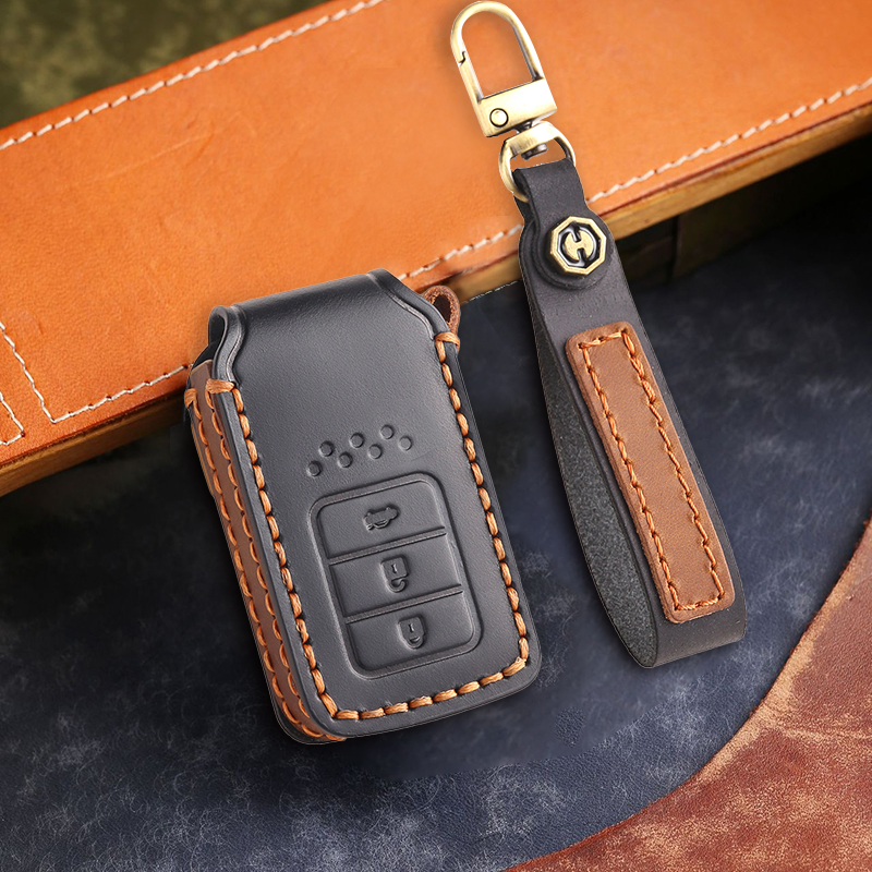 Genuine Leather Key Fob Cover for Honda Accord, Civic, CR-V, HR-V, and Pilot Models