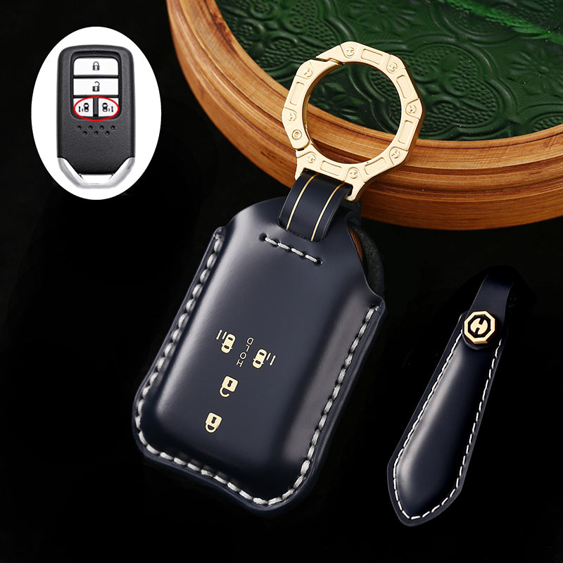 High-End Leather Car Key Cover Compatible with Honda Accord, Civic, CR-V, HR-V, Odyssey, etc. (2, 3, 4, 5, or 6-Button Smart Key Cover)