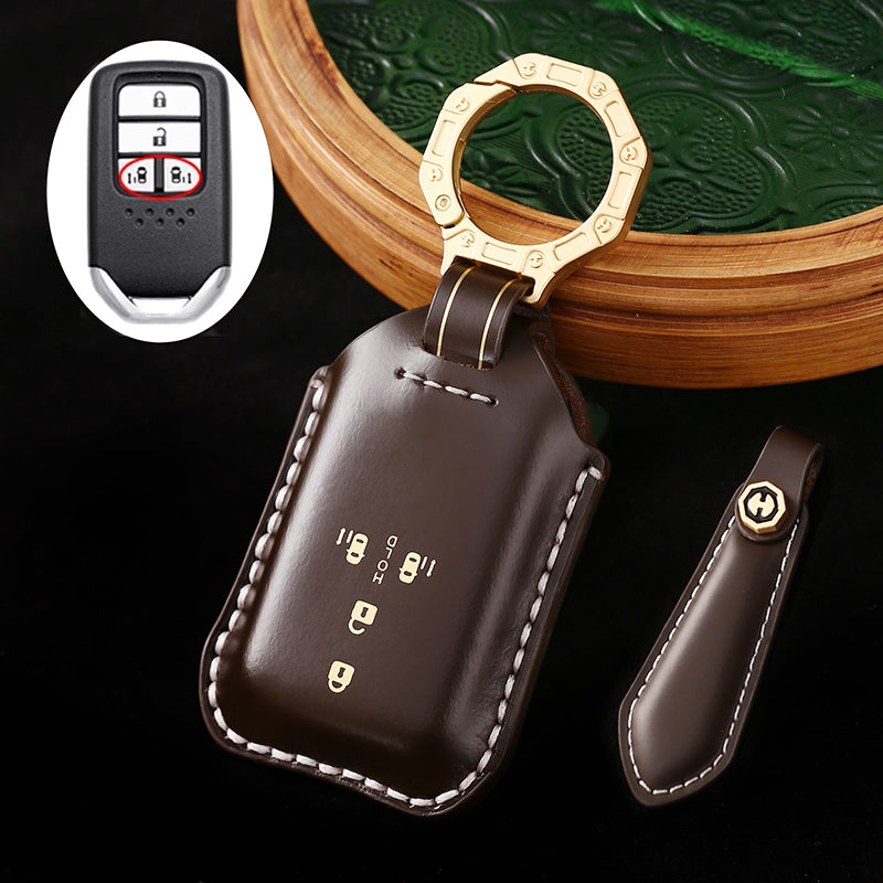 High-End Leather Car Key Cover Compatible with Honda Accord, Civic, CR-V, HR-V, Odyssey, etc. (2, 3, 4, 5, or 6-Button Smart Key Cover)