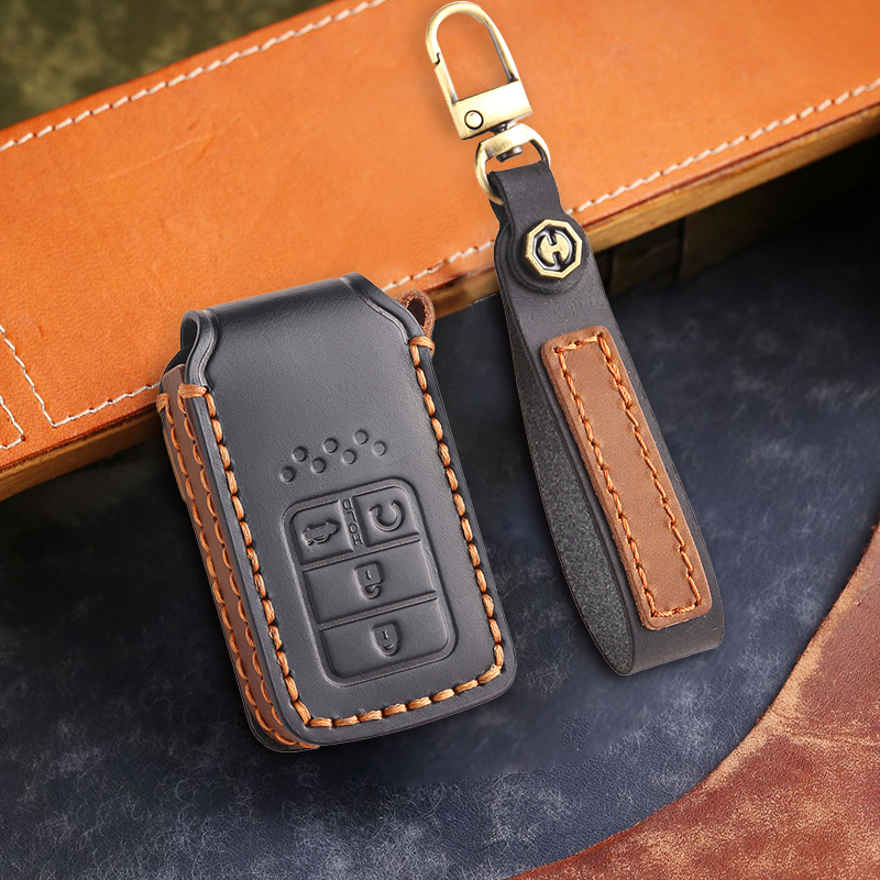 Genuine Leather Key Fob Cover for Honda Accord, Civic, CR-V, HR-V, and Pilot Models