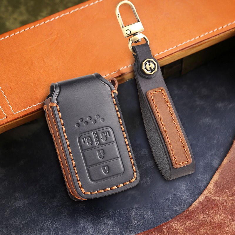 Genuine Leather Key Fob Cover for Honda Accord, Civic, CR-V, HR-V, and Pilot Models