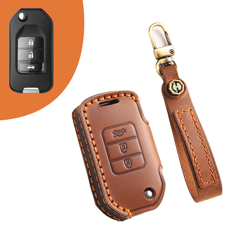 Genuine Leather Key Fob Cover for Honda Accord, Civic, CR-V, HR-V, and Pilot Models