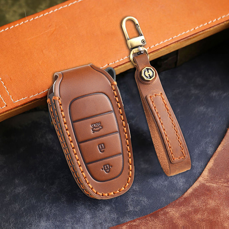 Genuine Leather Key Fob Cover for Hyundai (3-7 Buttons)