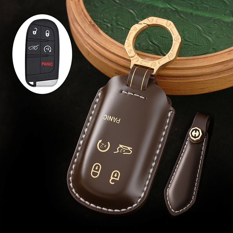 Leather Key Fob Cover, Compatible with Jeep Grand Cherokee, Renegade, Compass, and Chrysler