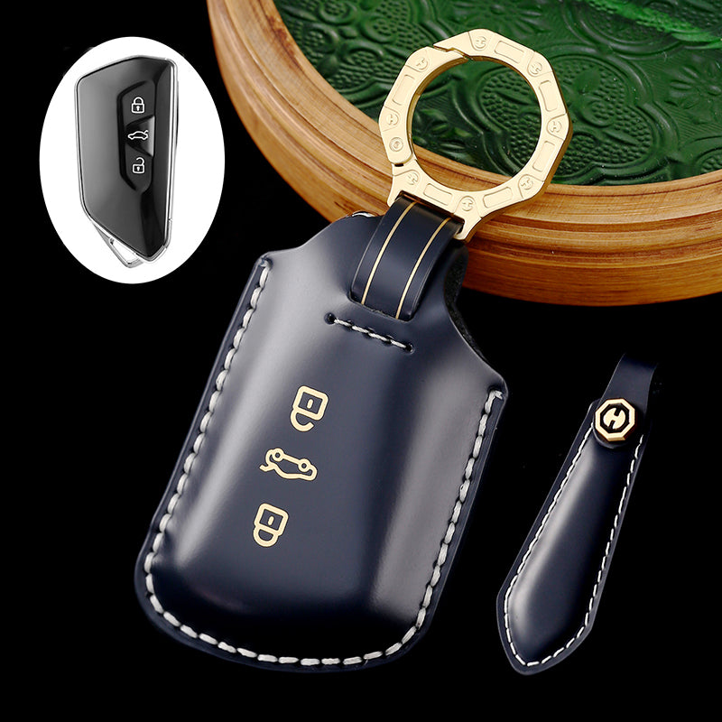 Amancarport Leather Car Key Case with Gift Box, Compatible with VW Tiguan, Touareg, Atlas, Jetta, Passat, Golf Alltrack, Arteon, and Routan