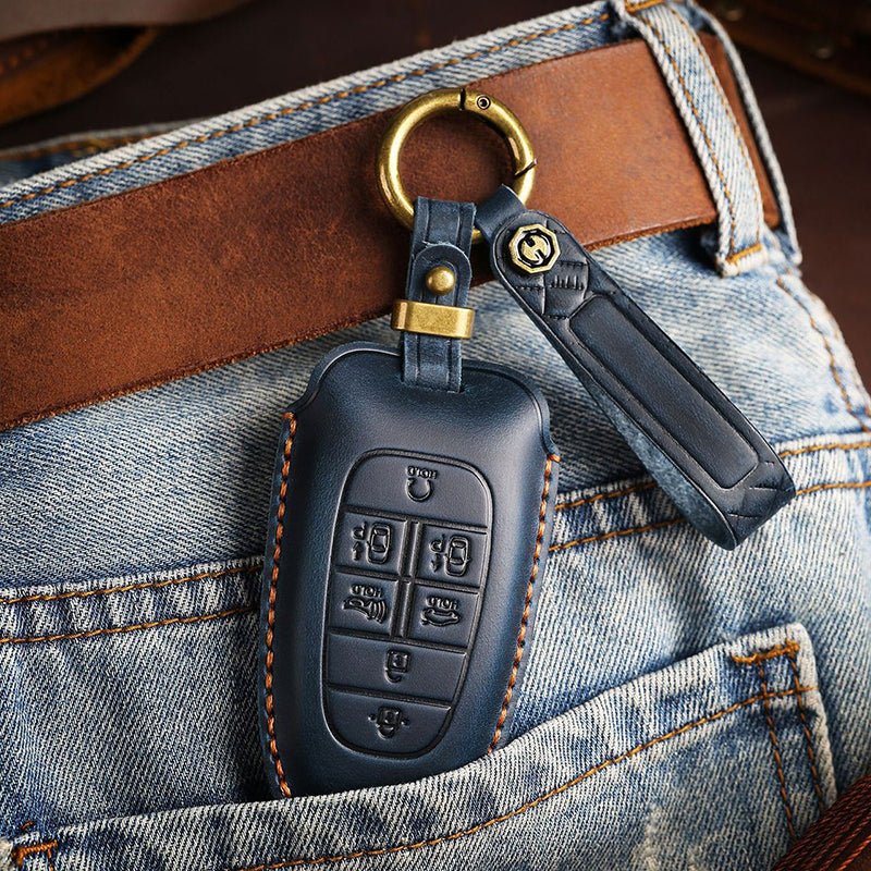 Genuine Leather Key Fob Cover for Hyundai 3-7 Button