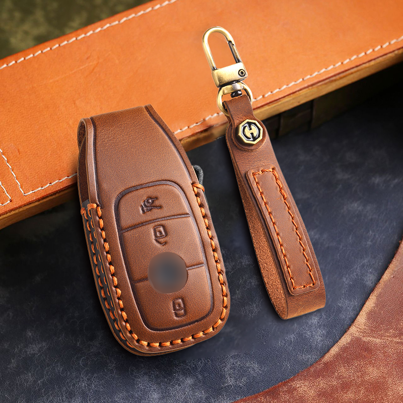 Genuine Leather Key Fob Cover for Mercedes-Benz C-Class, G-Class, E-Class, GLK, R350, GL, and GLC Models