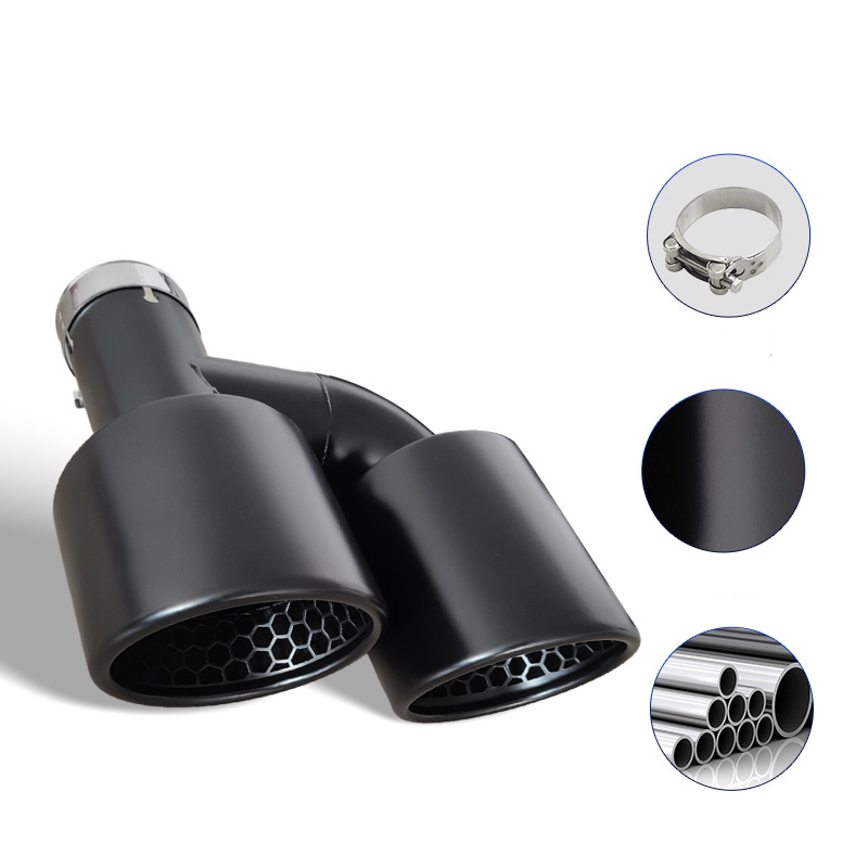 Universal Matte Black Stainless Steel Double Outlet Muffler Tip - Honeycomb Design Exhaust Upgrade