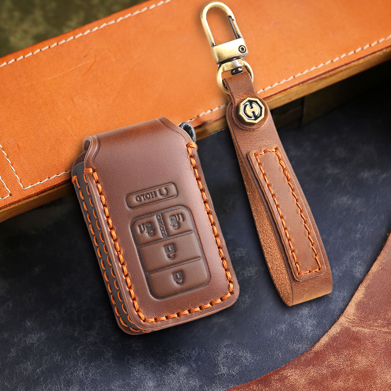 Genuine Leather Key Fob Cover for Honda Accord, Civic, CR-V, HR-V, and Pilot Models