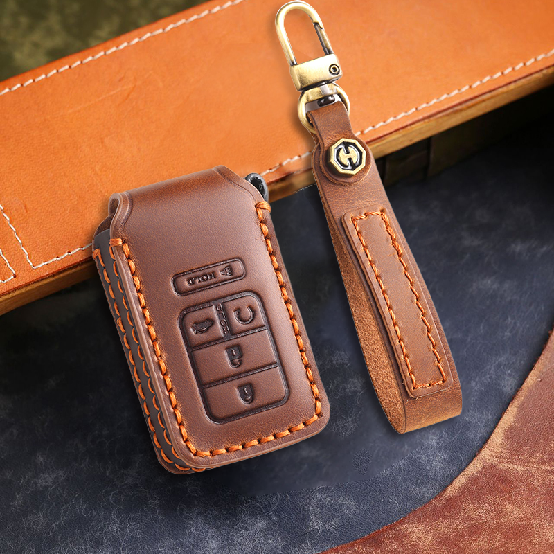 Genuine Leather Key Fob Cover for Honda Accord, Civic, CR-V, HR-V, and Pilot Models