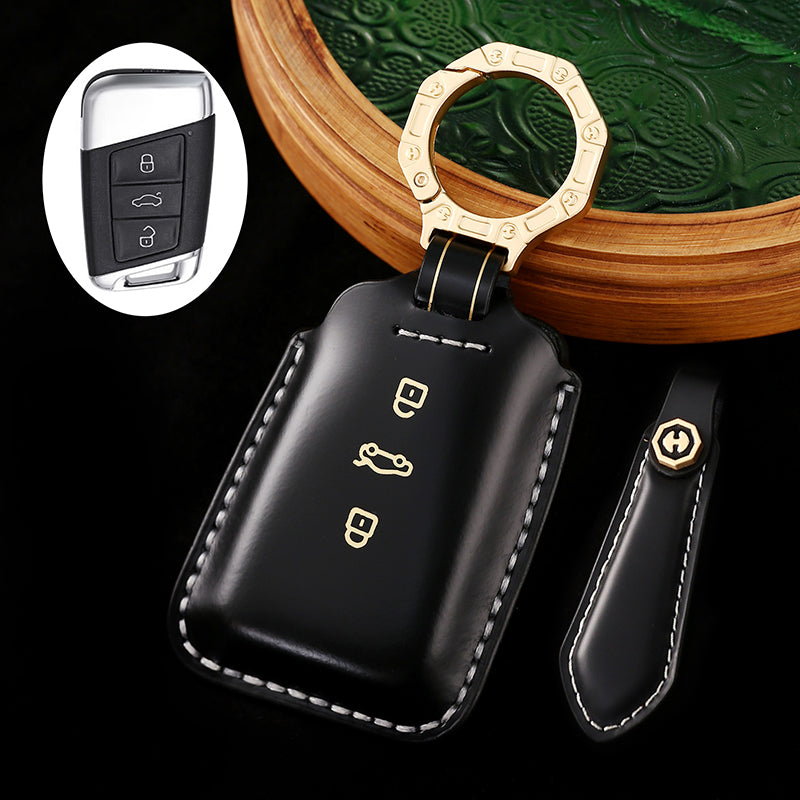 Amancarport Leather Car Key Case with Gift Box, Compatible with VW Tiguan, Touareg, Atlas, Jetta, Passat, Golf Alltrack, Arteon, and Routan