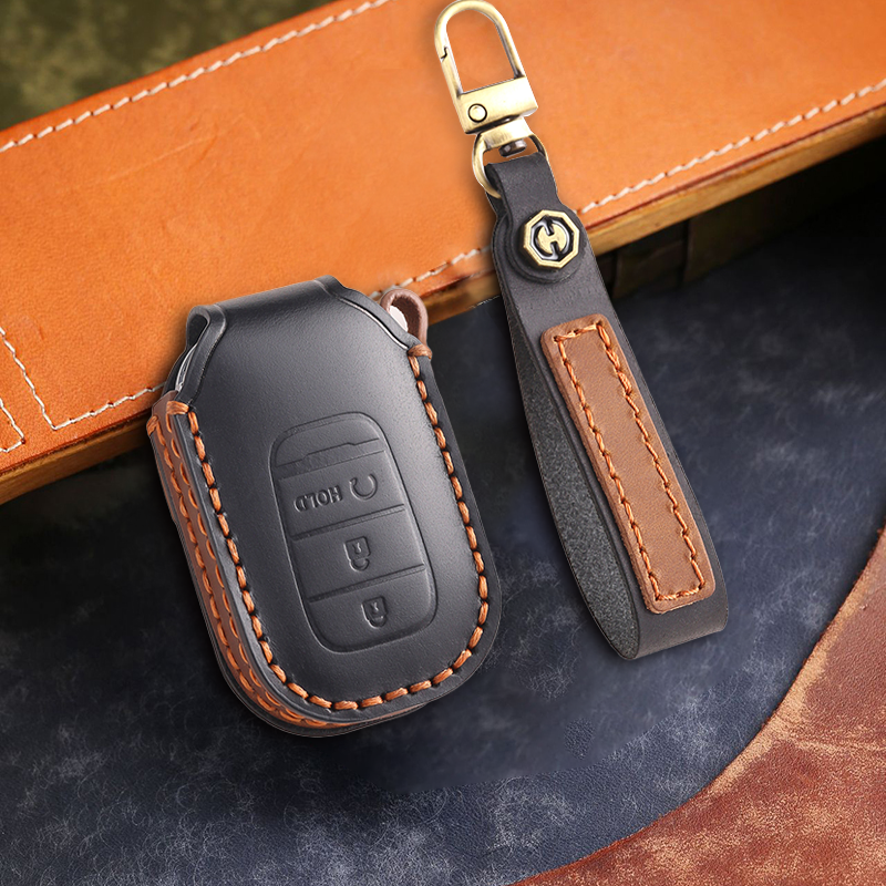 Genuine Leather Key Fob Cover for Honda Accord, Civic, CR-V, HR-V, and Pilot Models