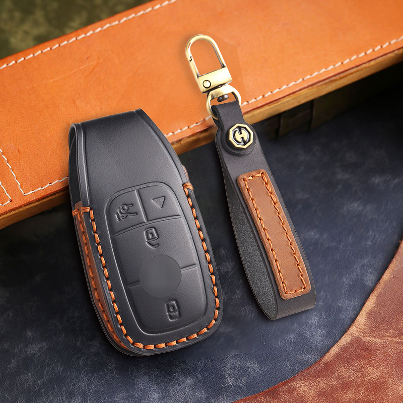 Genuine Leather Key Fob Cover for Mercedes-Benz C-Class, G-Class, E-Class, GLK, R350, GL, and GLC Models