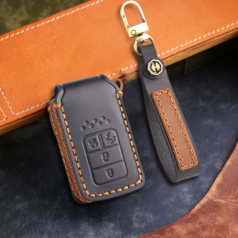 Genuine Leather Key Fob Cover for Honda Accord, Civic, CR-V, HR-V, and Pilot Models